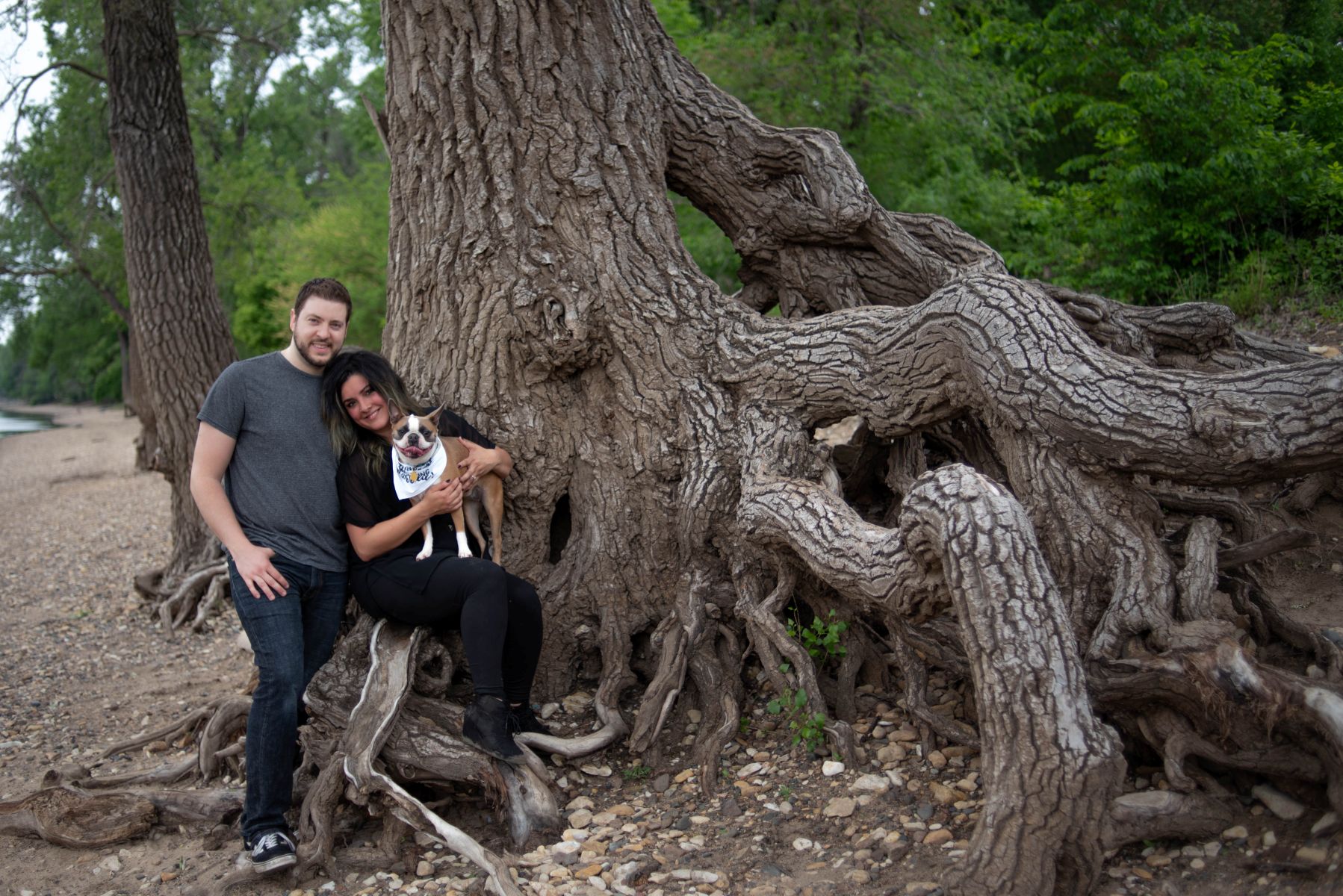 a couple next to a large tree holding their dog at hidden falls